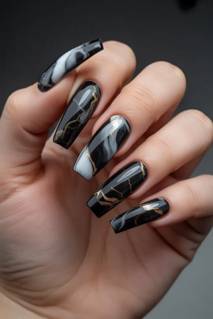 2. Black Marble Nails — Dramatic Stone