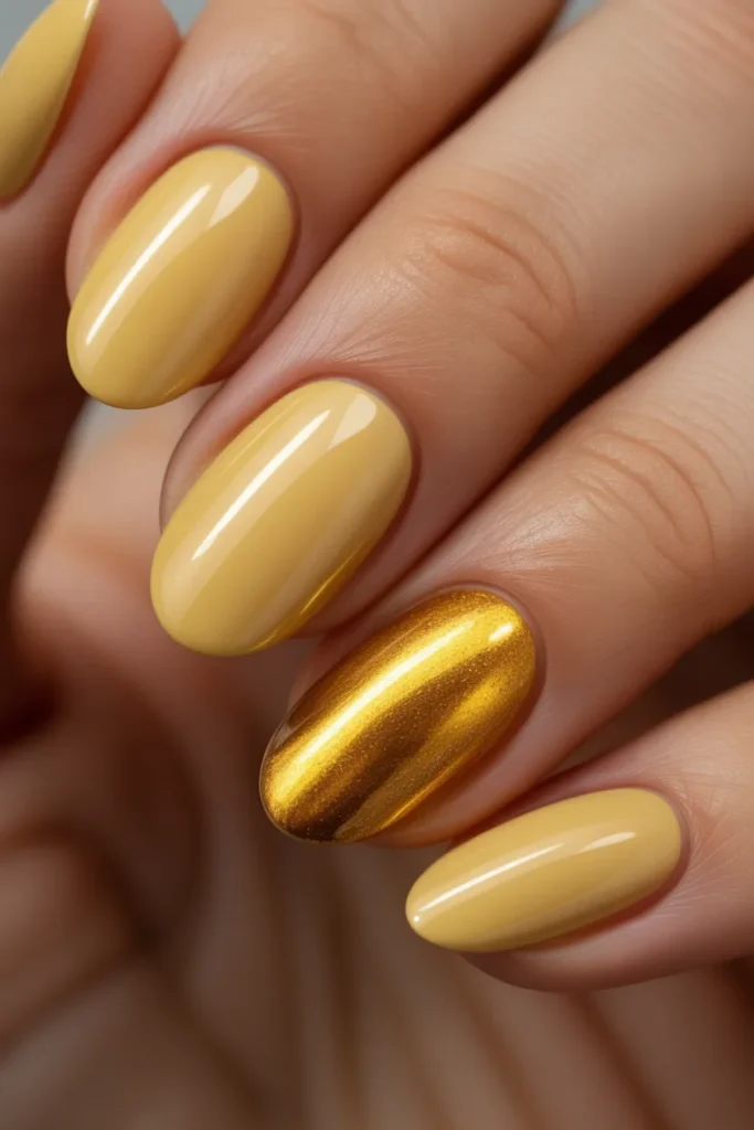2. Butter Yellow Chrome Nails — Mirror Finish Gold