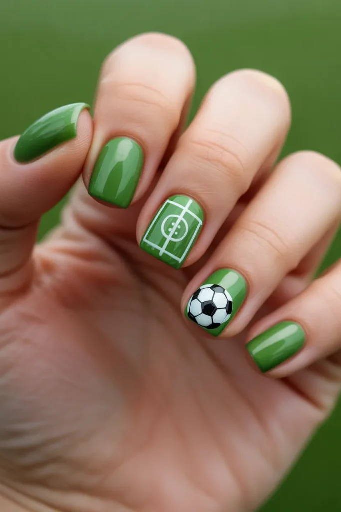2. Cute Soccer Nails — Green Field with Ball Accent