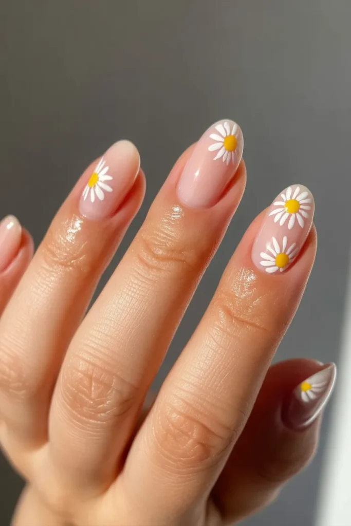 2. Daisy Nails Simple — White Flowers on Nude
