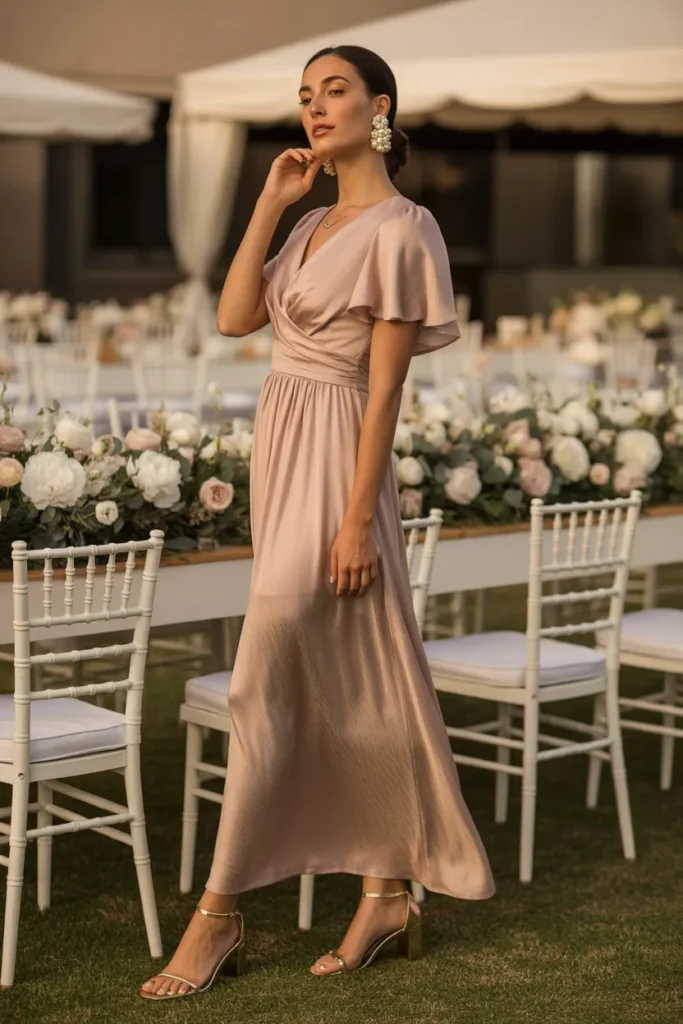 Summer Wedding Guest Outfits 3 2. Dusty Rose Silk Touch Maxi Dress — Formal Summer Reception