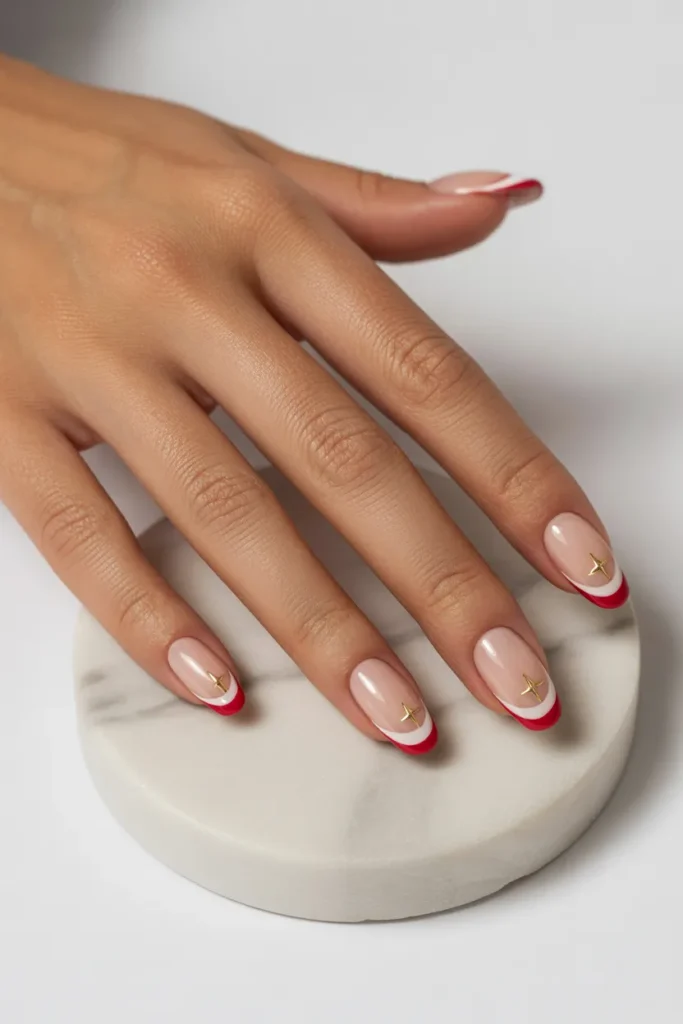 2. French Tip Almond Nails with Red Stripe