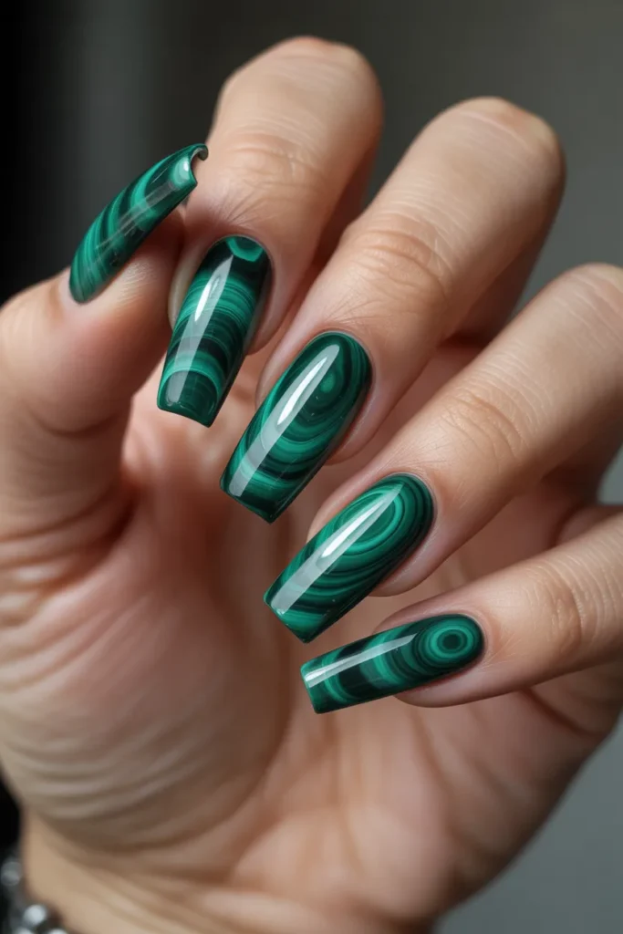 2. Malachite Marble Nails — Concentric Pattern