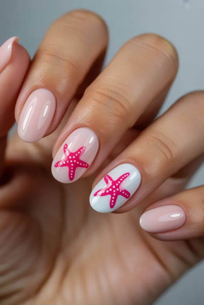 2. Pink Starfish Nails — Soft Coastal Feminine