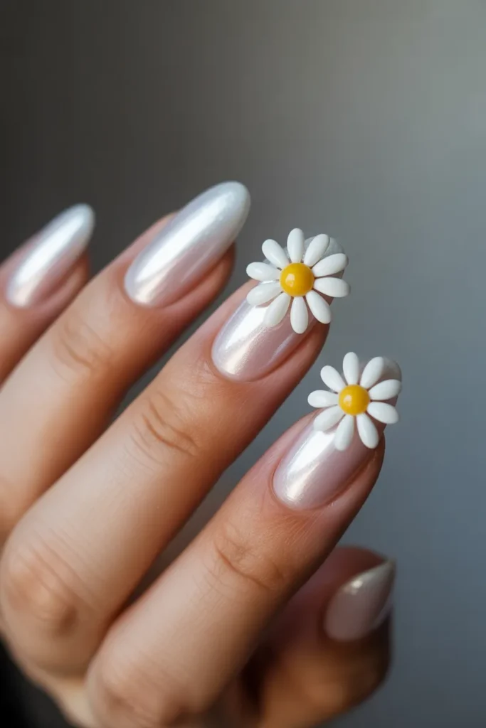 20. Daisy Nails 2026 — Chrome Base with 3D Flowers