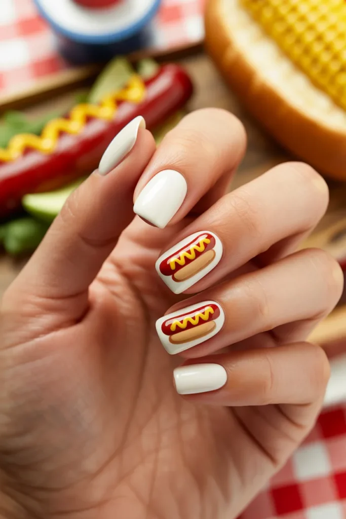 Memorial Day Nails 21 20. Hot Dog Memorial Day Nail Art — Barbecue Novelty