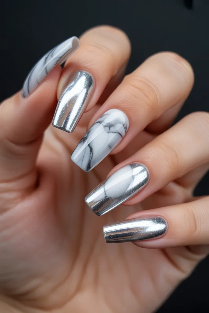 20. Marble Nails 2026 — Chrome Marble Hybrid