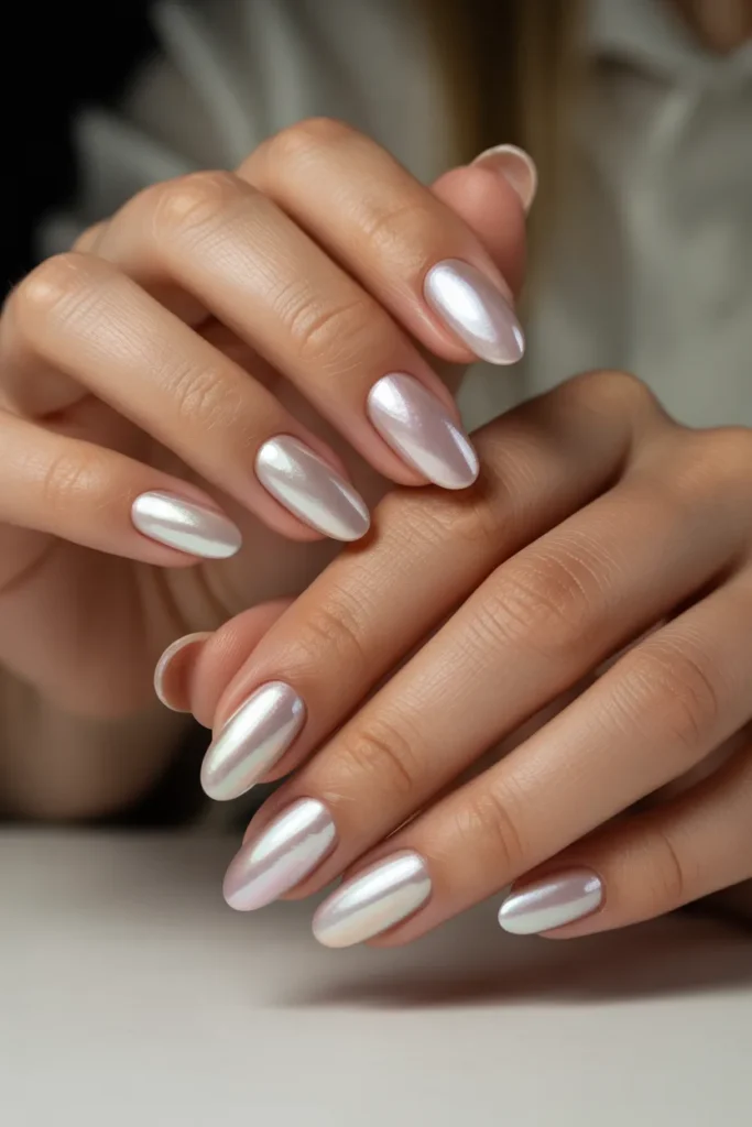 20. Mothers Day Nails 2026 — Pearl Chrome Glazed