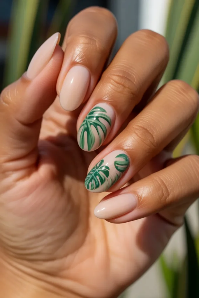 20. Nail Designs for Summer — Tropical Leaf on Nude