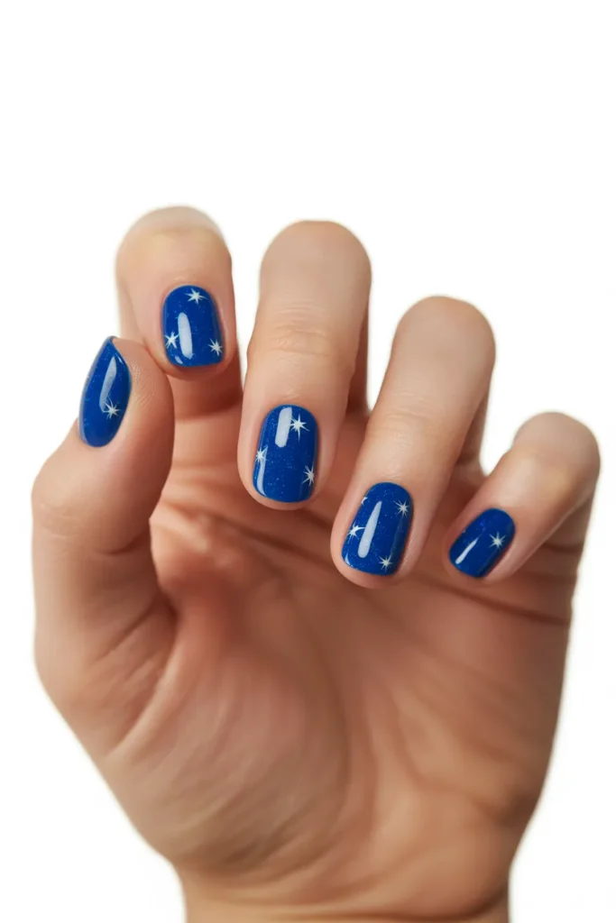 Short 4th July Nails 22 21. Blue Glitter with White Stars