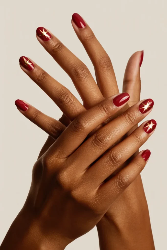 Memorial Day Nails 22 21. Deep Skin Tone — Red Gel with Gold Star Foil