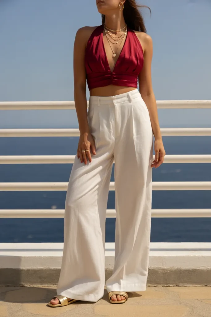 21. White Wide Leg Trousers and Red Halter Top