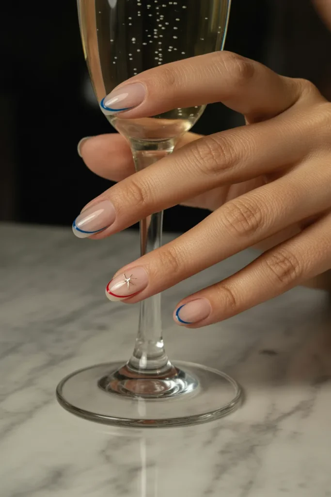 Short 4th July Nails 23 22. Classy Nude with Patriotic Accent Lines