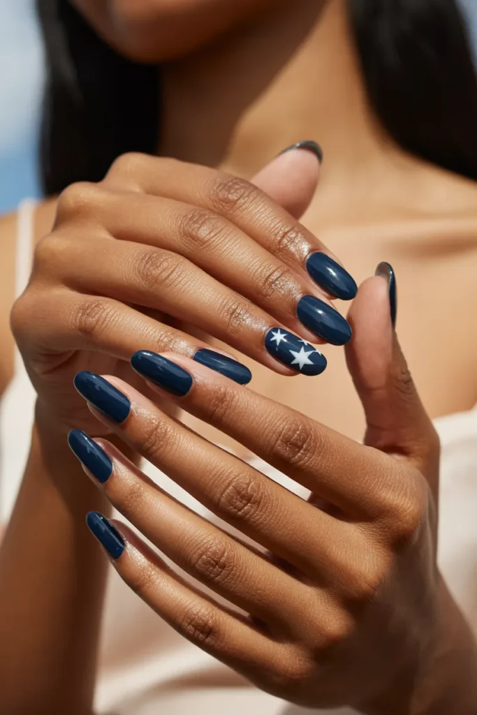 Memorial Day Nails 23 22. Medium to Olive Skin — Navy Almond with White Stars
