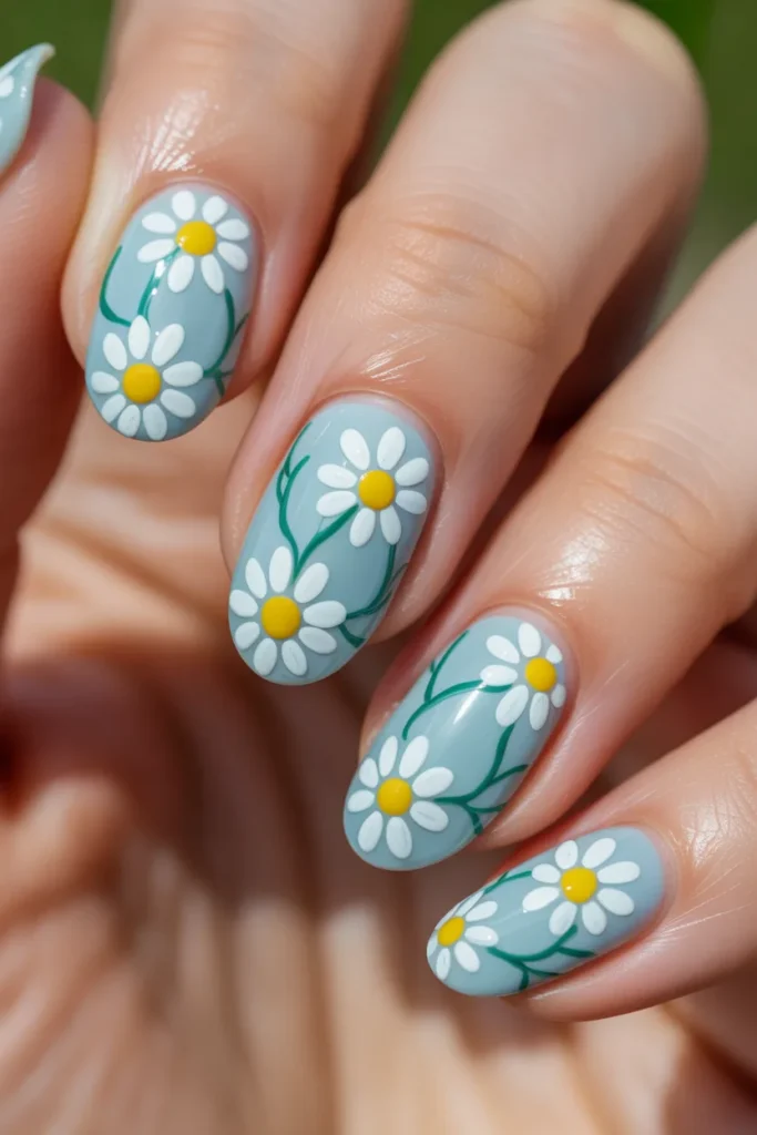 22. Summer Nail Ideas — Daisy Chain on Pastel Blue