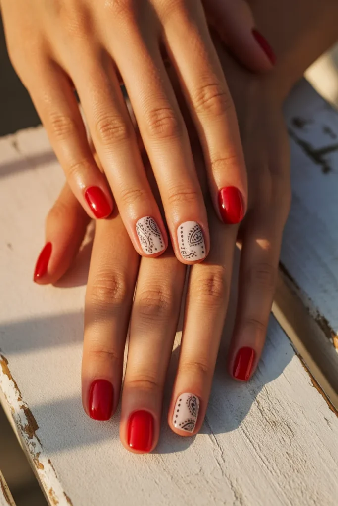 Short 4th July Nails 24 23. Bandana Print Americana Nails