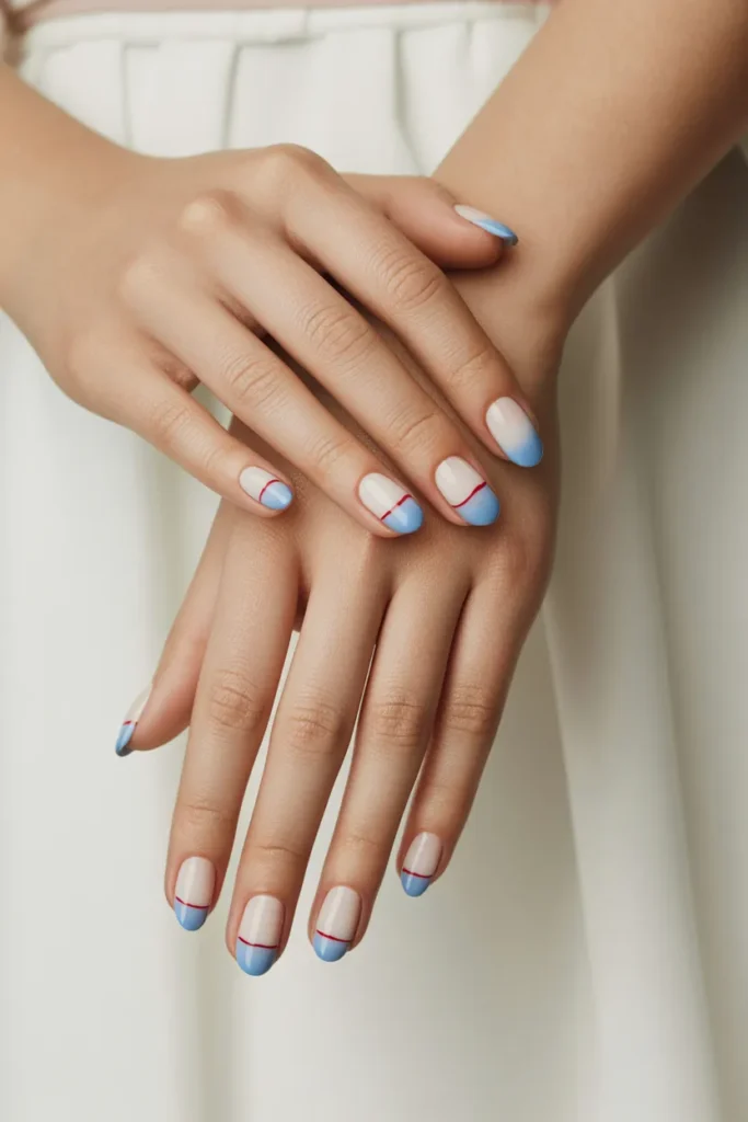Memorial Day Nails 24 23. Fair Skin — White to Blue Ombre with Red Micro Stripe