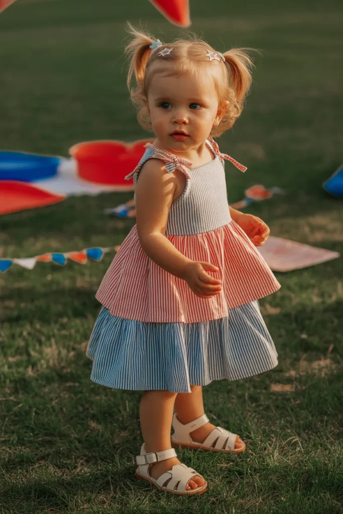 23. Girls 4th of July Outfit — Ruffle Tiered Stripe Dress