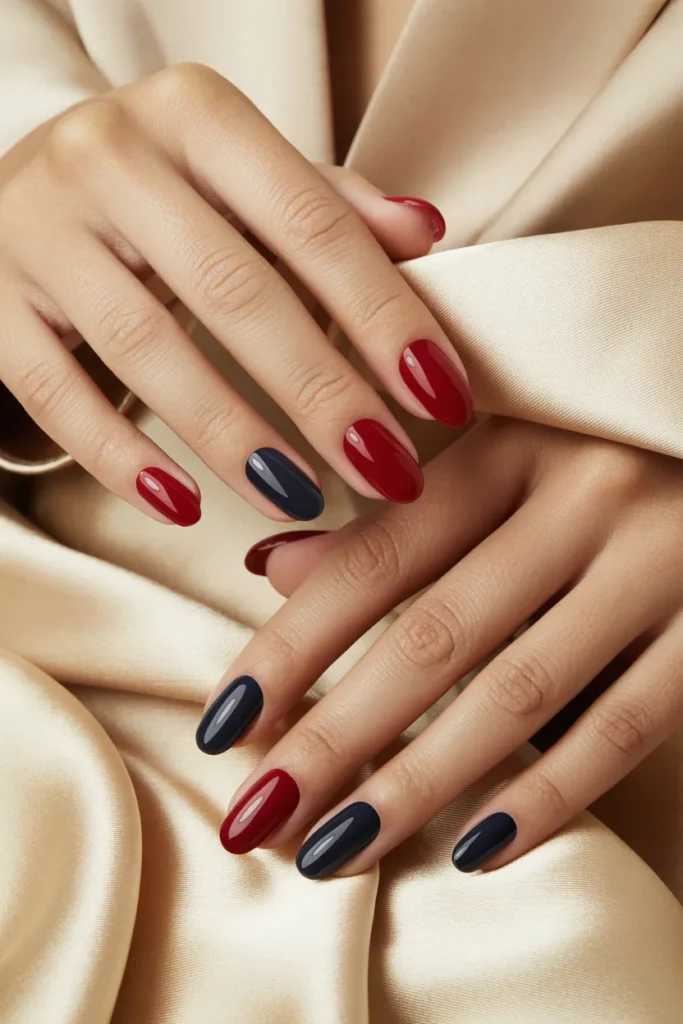 Memorial Day Nails 25 24. Chrome Red and Navy Matte Almond — Dual Finish Luxe