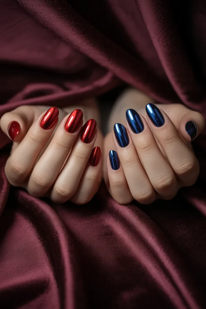 Short 4th July Nails 26 25. Luxe Chrome Red and Navy Alternating Gel