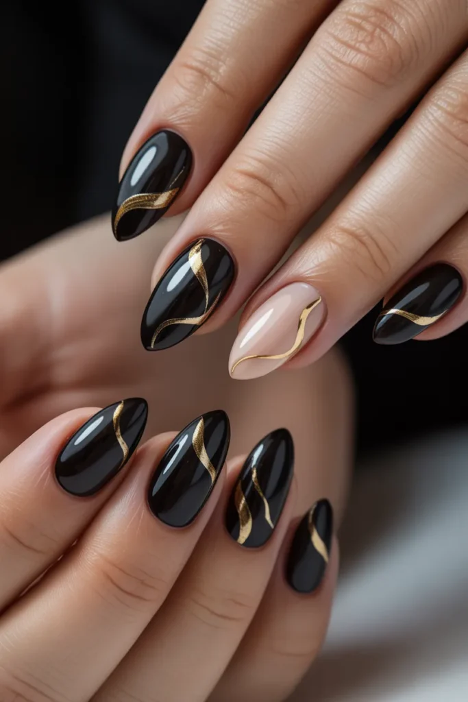 3 — Black French Tip With Gold Line — Coffin Nails