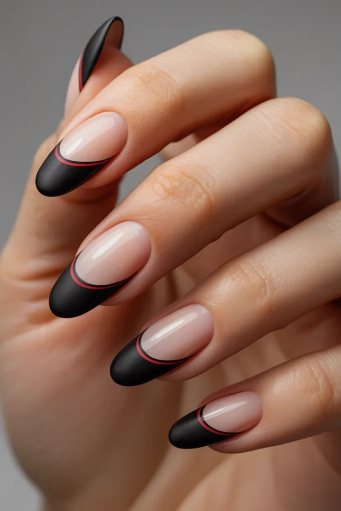 3. Black French Tip Nails with Red Lines — The Statement Set