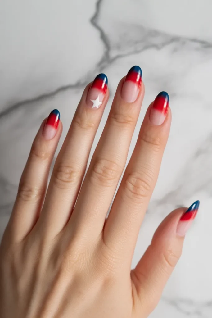Short 4th July Nails 4 3. Navy Blue to Red Ombre — Short Almond Nails