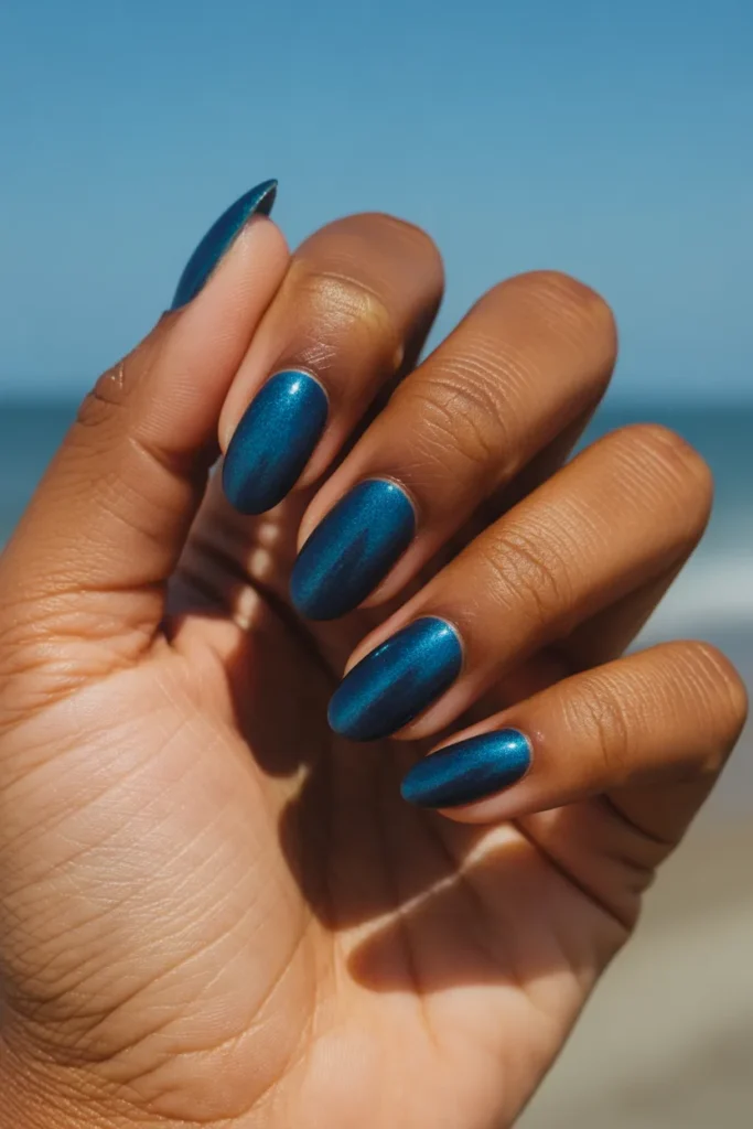 3. Ocean Blue Almond Nails — Beach Trip Ready