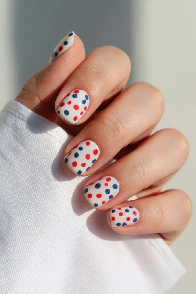 Memorial Day Nails 4 3. Red White Blue Polka Dots — Short Square