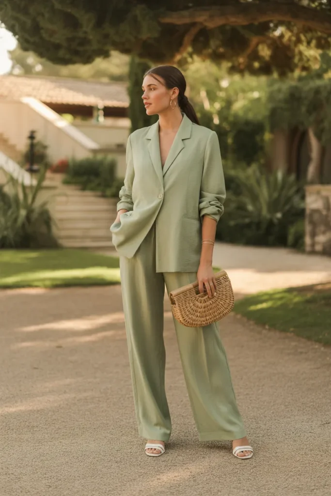 Summer Wedding Guest Outfits 4 3. Sage Green Linen Co ord Set — Smart Casual Outdoor