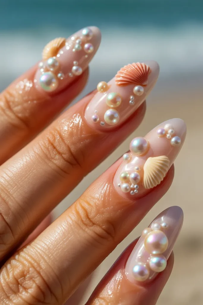 Summer Vacation Nails 4 3. Shell Pearl 3D Gel Nails — The Texture Trend Dominating 2026