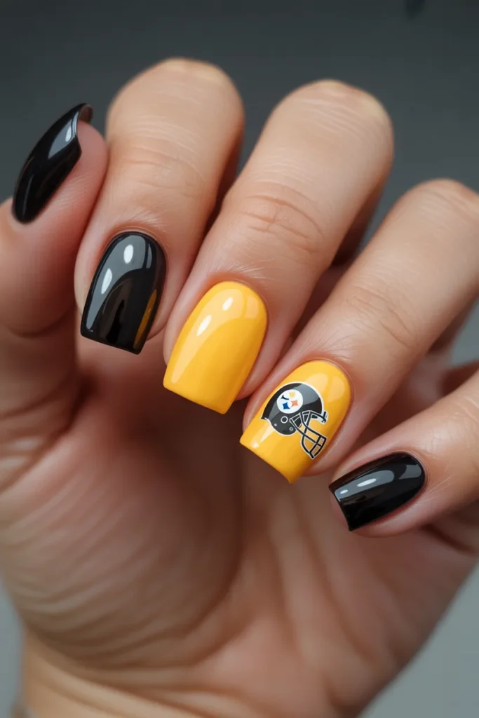 3. Steelers Football Nails Black and Gold