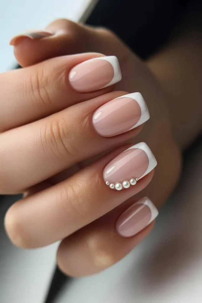 4. Classy Mothers Day Nail Designs — Nude French with Pearl
