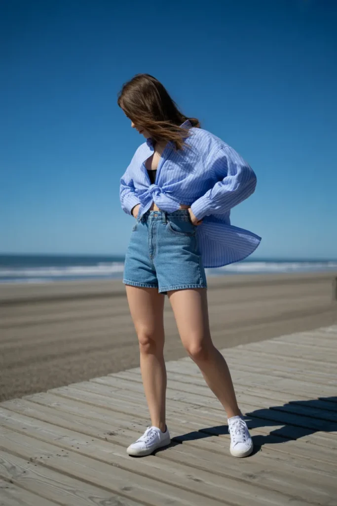 4. Denim Shorts Oversized Striped Linen Shirt