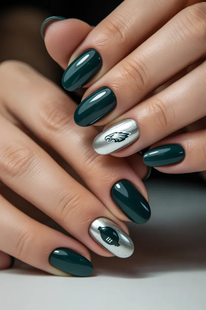 4. Eagles Football Nails Midnight Green and Silver