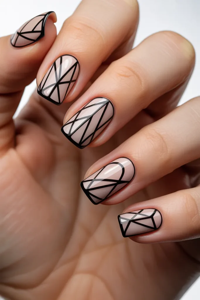 4. Geometric Black Line Nails — Angles and Triangles