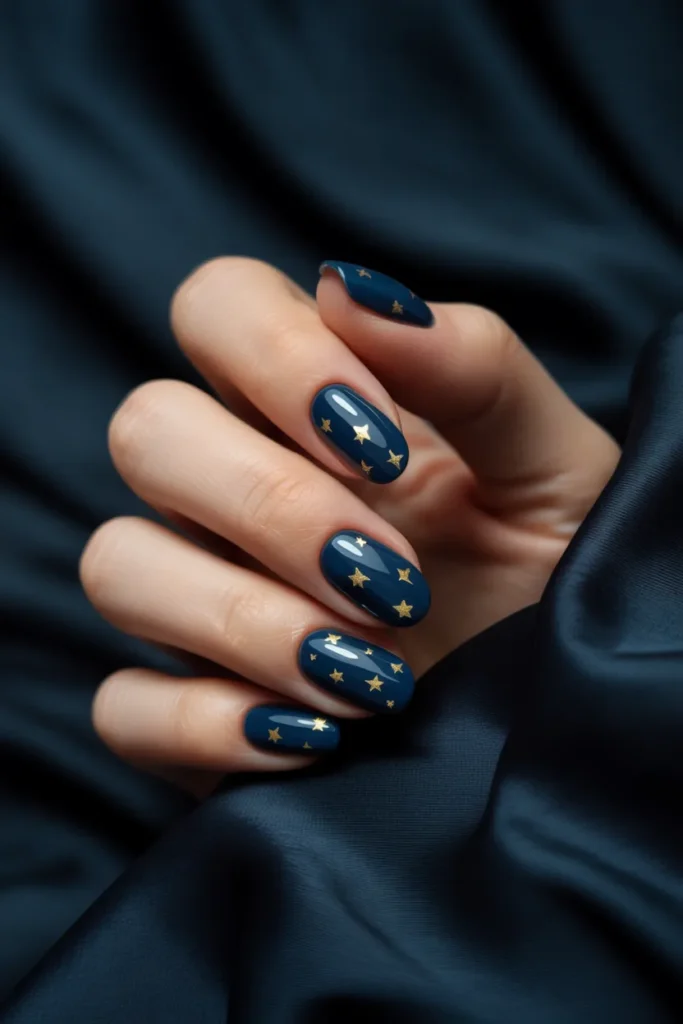 4. Navy Blue Almond Nails with Gold Star Foil