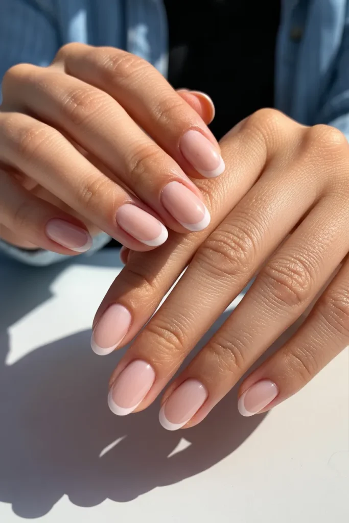 4. Nude French Tip with Thin Line — Classic Elongation