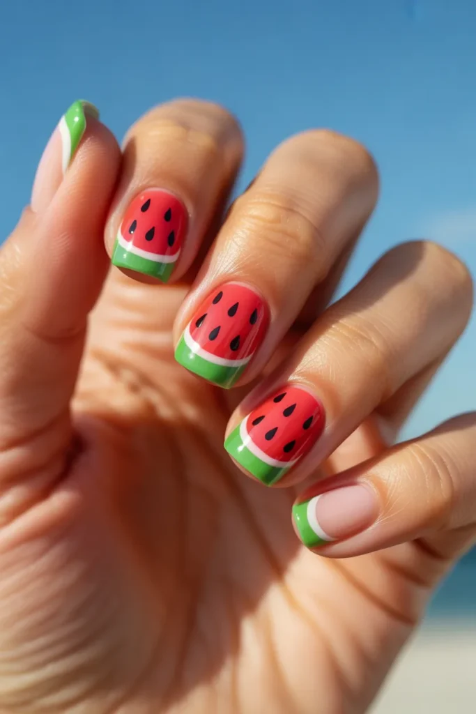 Summer Vacation Nails 5 4. Watermelon Nails — Playful Summer Beach Vacation Nails for Fun Lovers