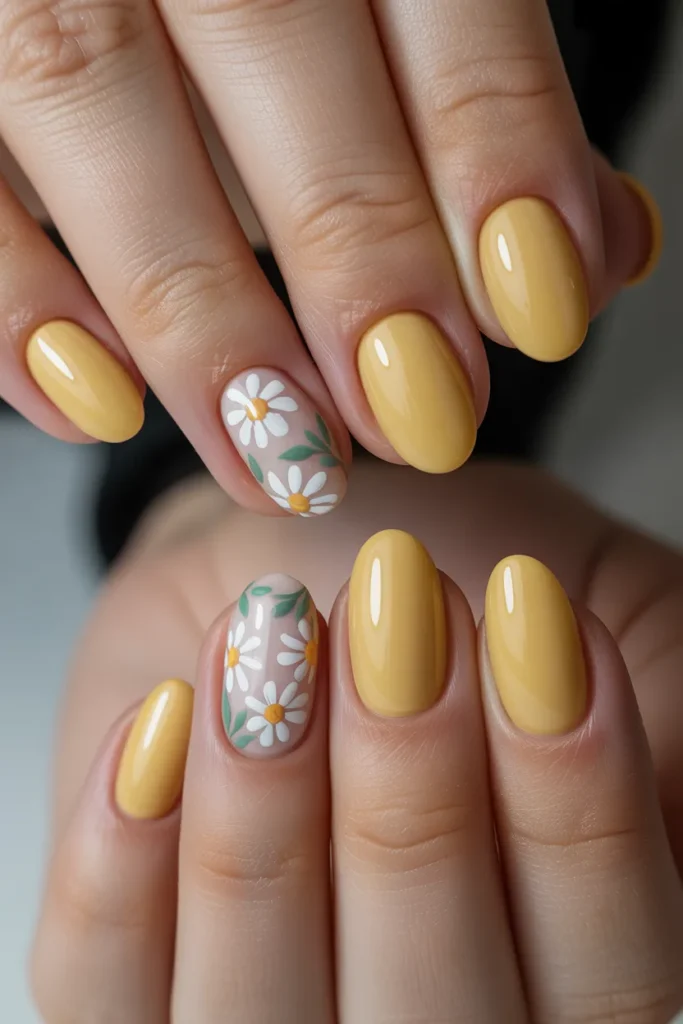 5. Butter Yellow Nails with Flowers — Botanical Summer