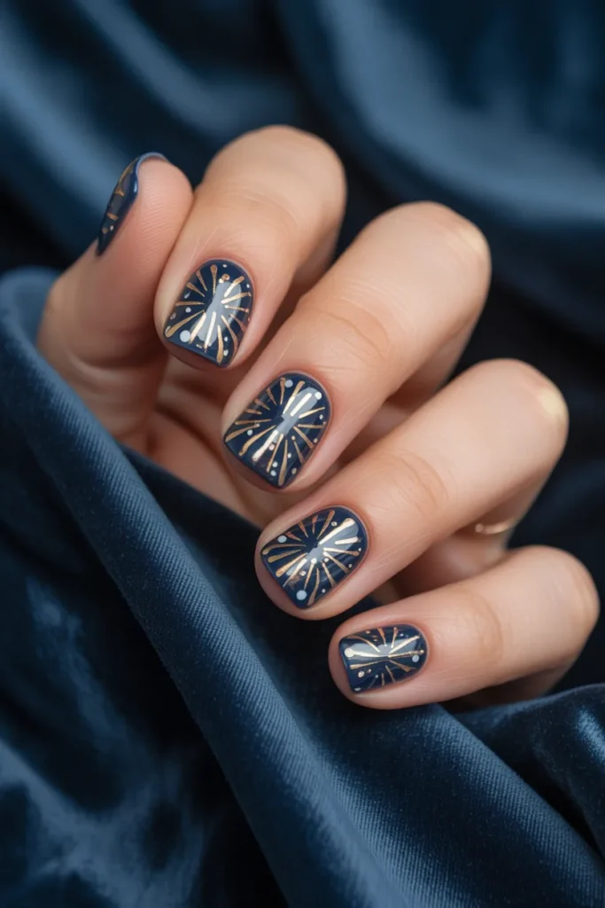 Short 4th July Nails 6 5. Fireworks Burst Nail Art