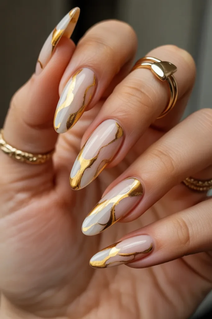 5. Gold Marble Nails — Luxury Stone