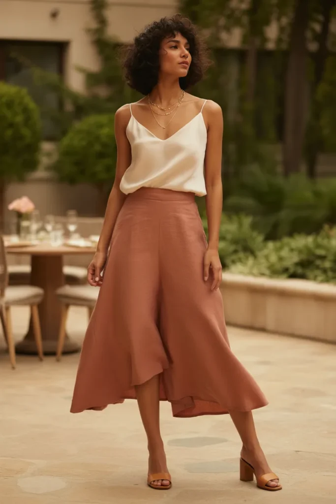 Summer Wedding Guest Outfits 6 5. Terracotta Linen Midi Skirt with Silk Cami — Smart Casual