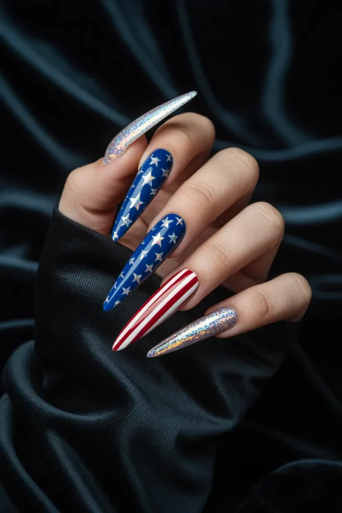 5. USA Flag Acrylic Nails — Long and Dramatic