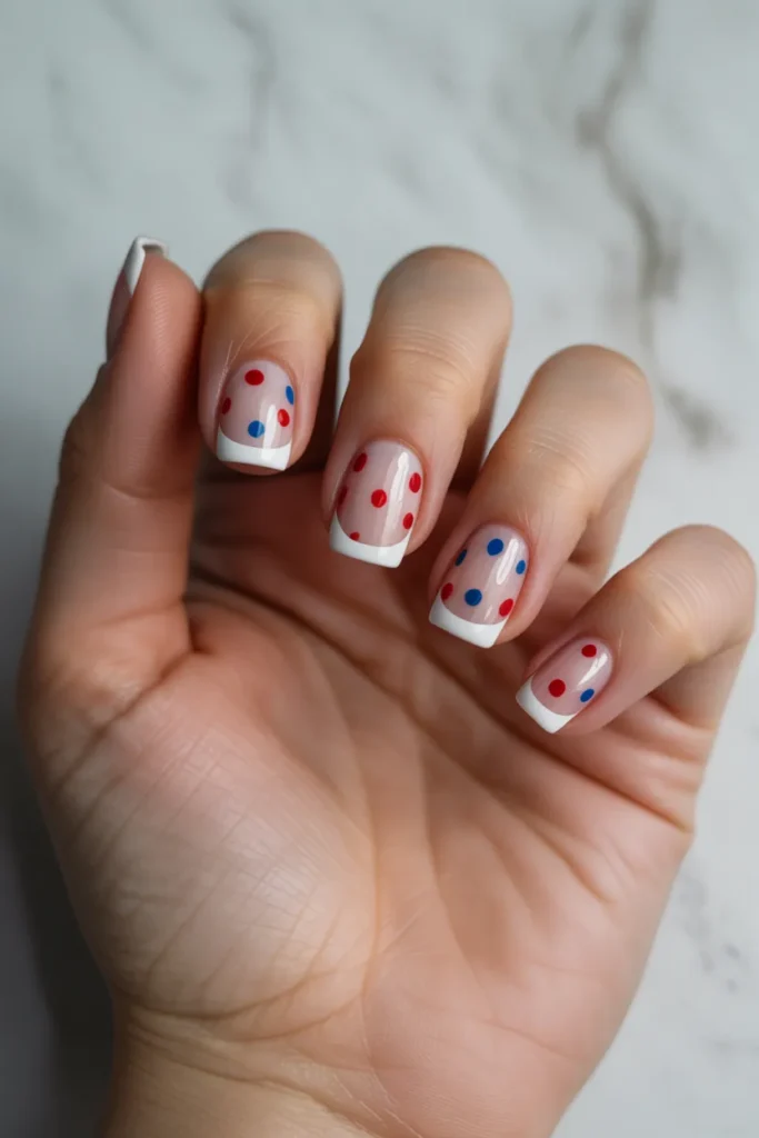 4th of July French Tip Nails 6 5. White French Tip with Red and Blue Dot Art