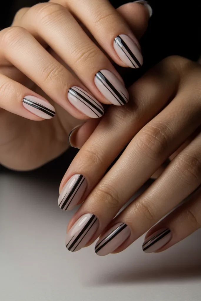 6. Black Lines on Almond Nails — Shape as Canvas