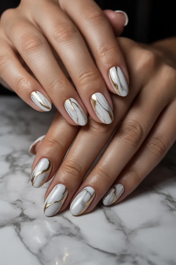 6. Marble Nails with Gold Veins — The Luxury Standard