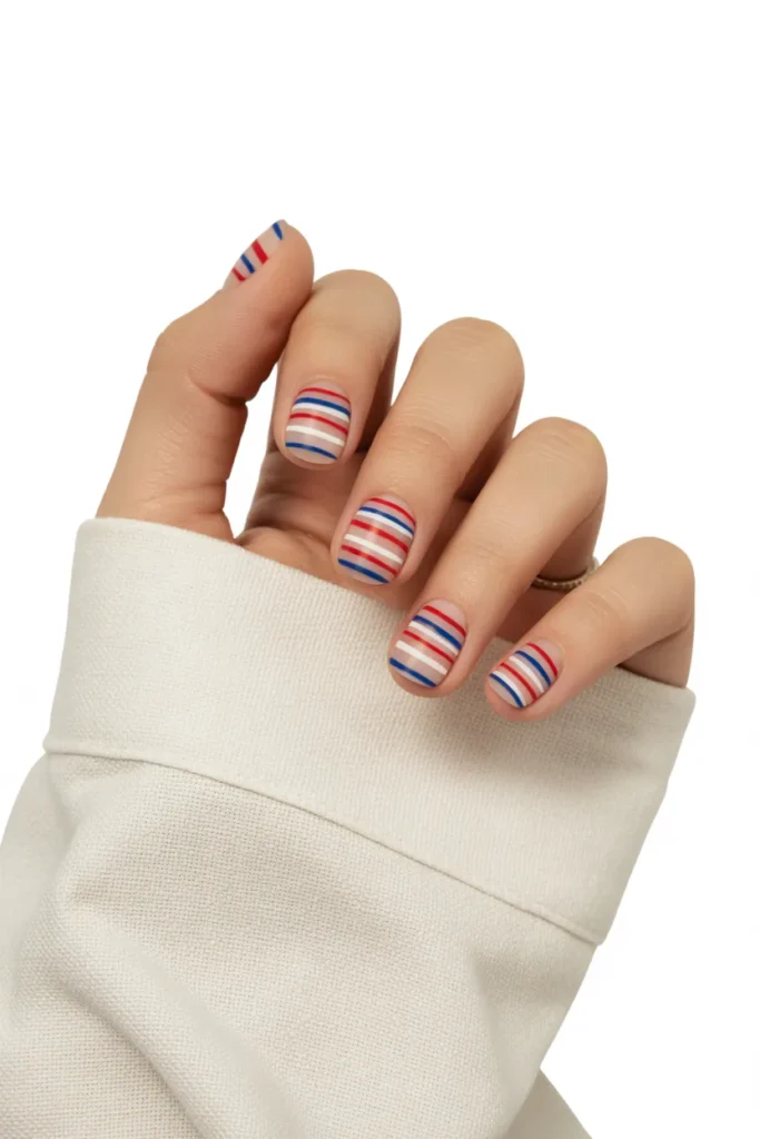 Short 4th July Nails 7 6. Minimalist Red White Blue Stripes