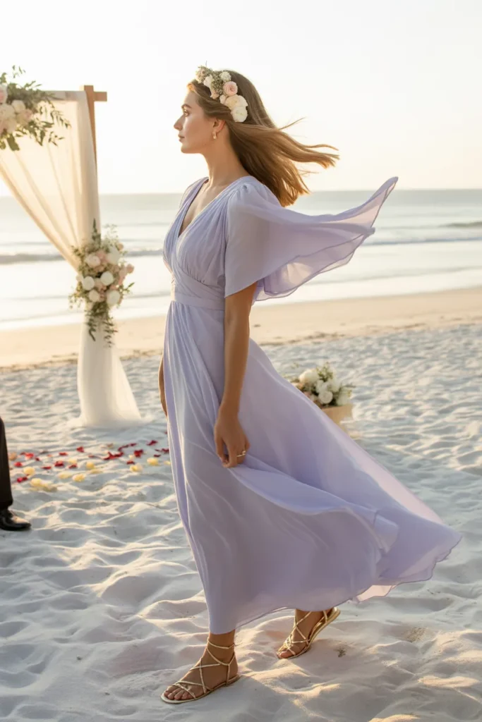 Summer Wedding Guest Outfits 7 6. Pastel Lavender Chiffon Gown — Beach Ceremony