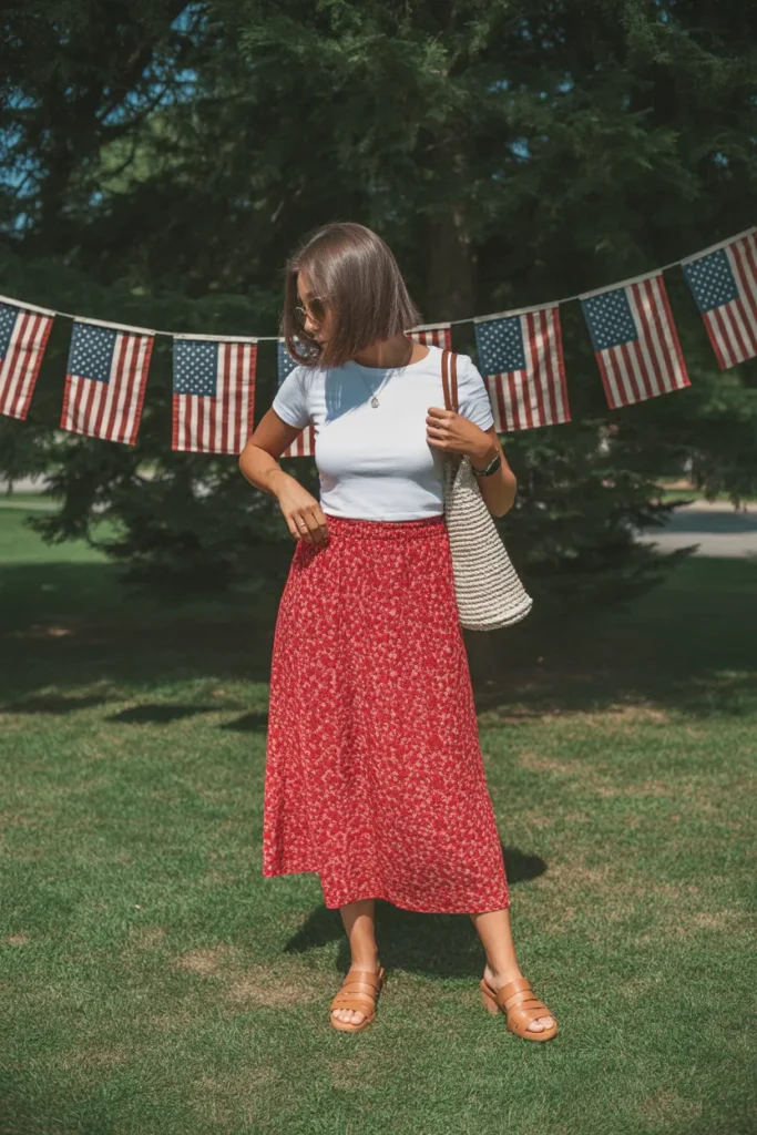6. Red Floral Midi Skirt and White Tee — Feminine Casual